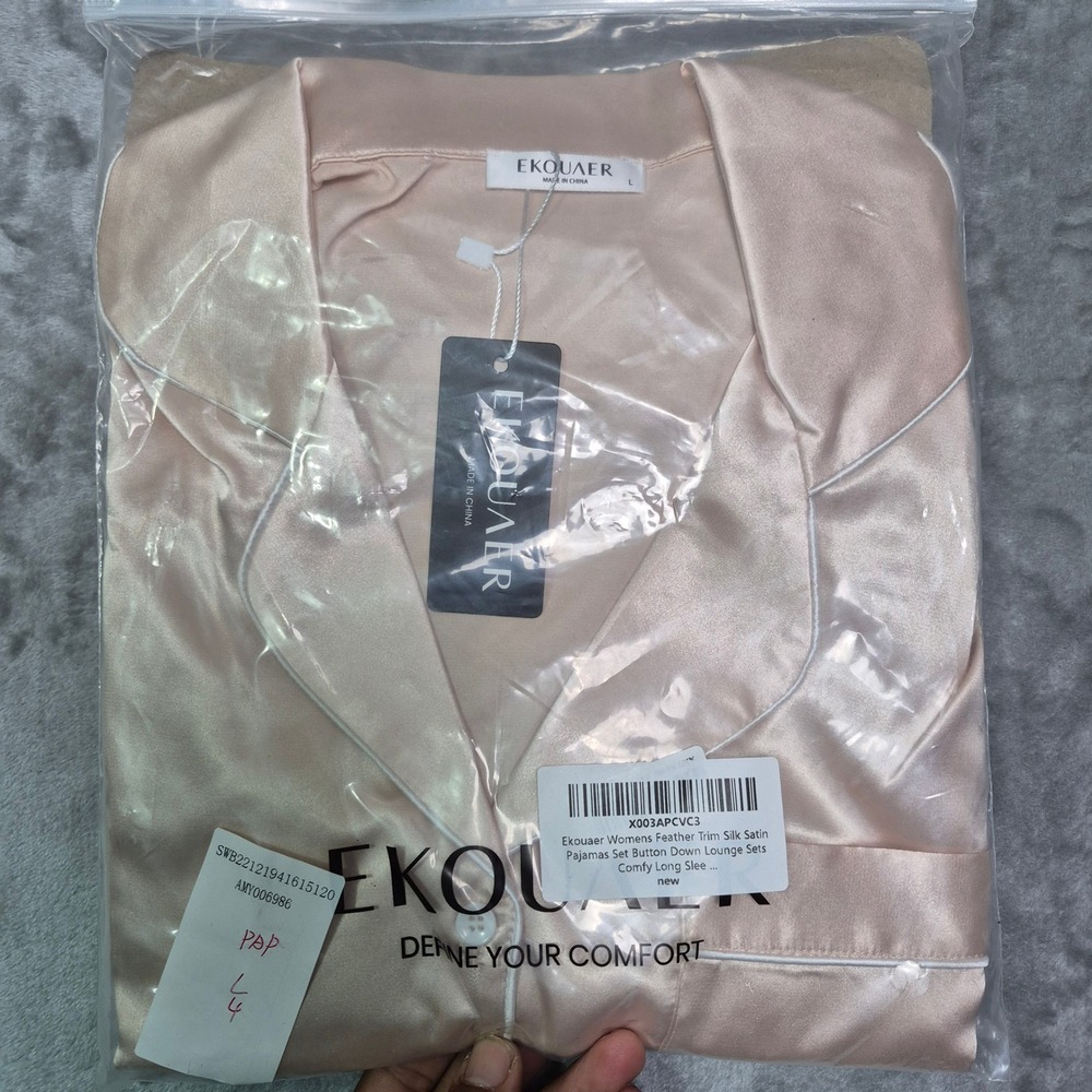 Ekouaer Womens Feather Trim Satin Pajamas Set Button Down Lounge Set Pink L